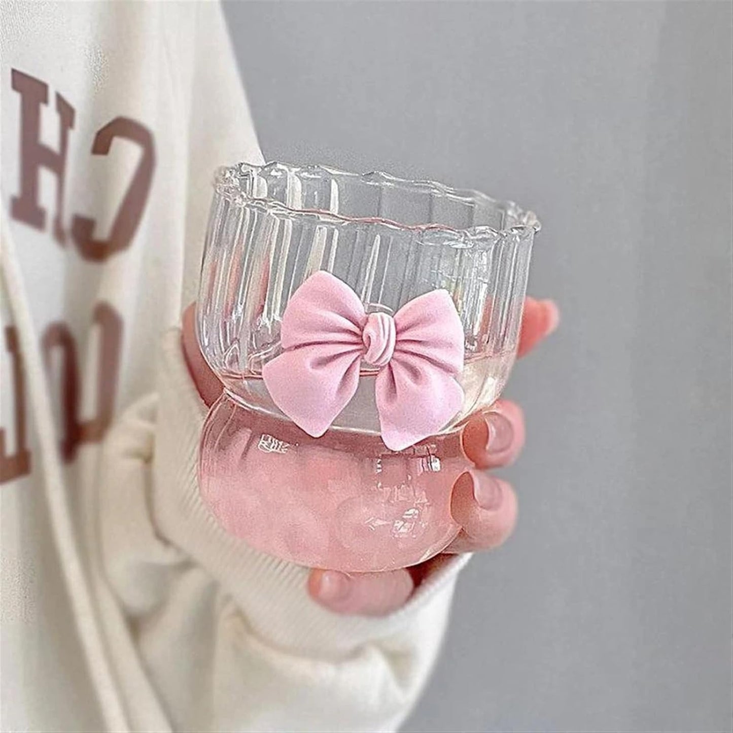 Pink Bow Glass Cup with Striped Design Techmanistan