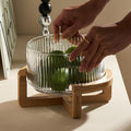 Ribbed Glass Salad Bowl with Wooden Stand, Mixing Bowl
