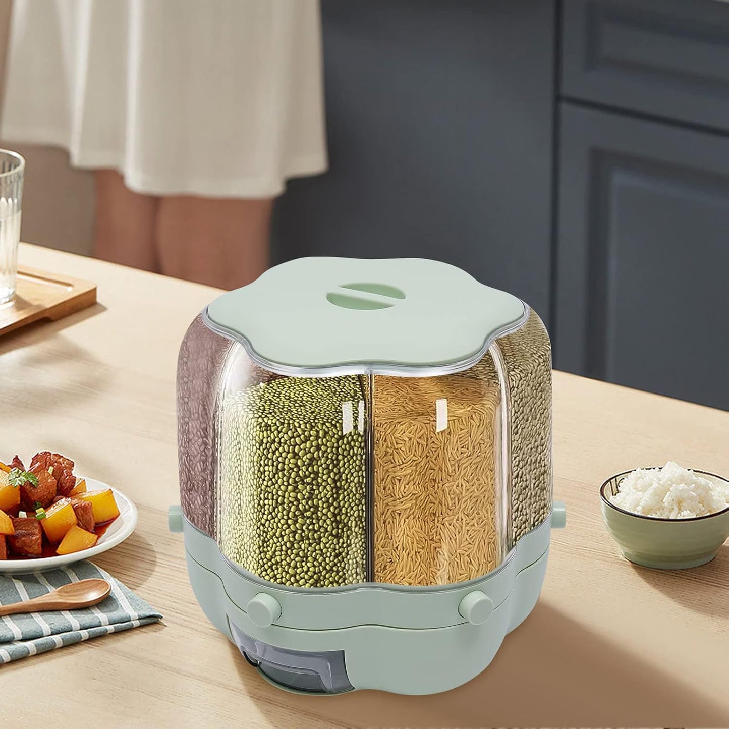6-Compartment Rotating Rice Storage Dispenser – Flower Pattern, 7L Cereal Container