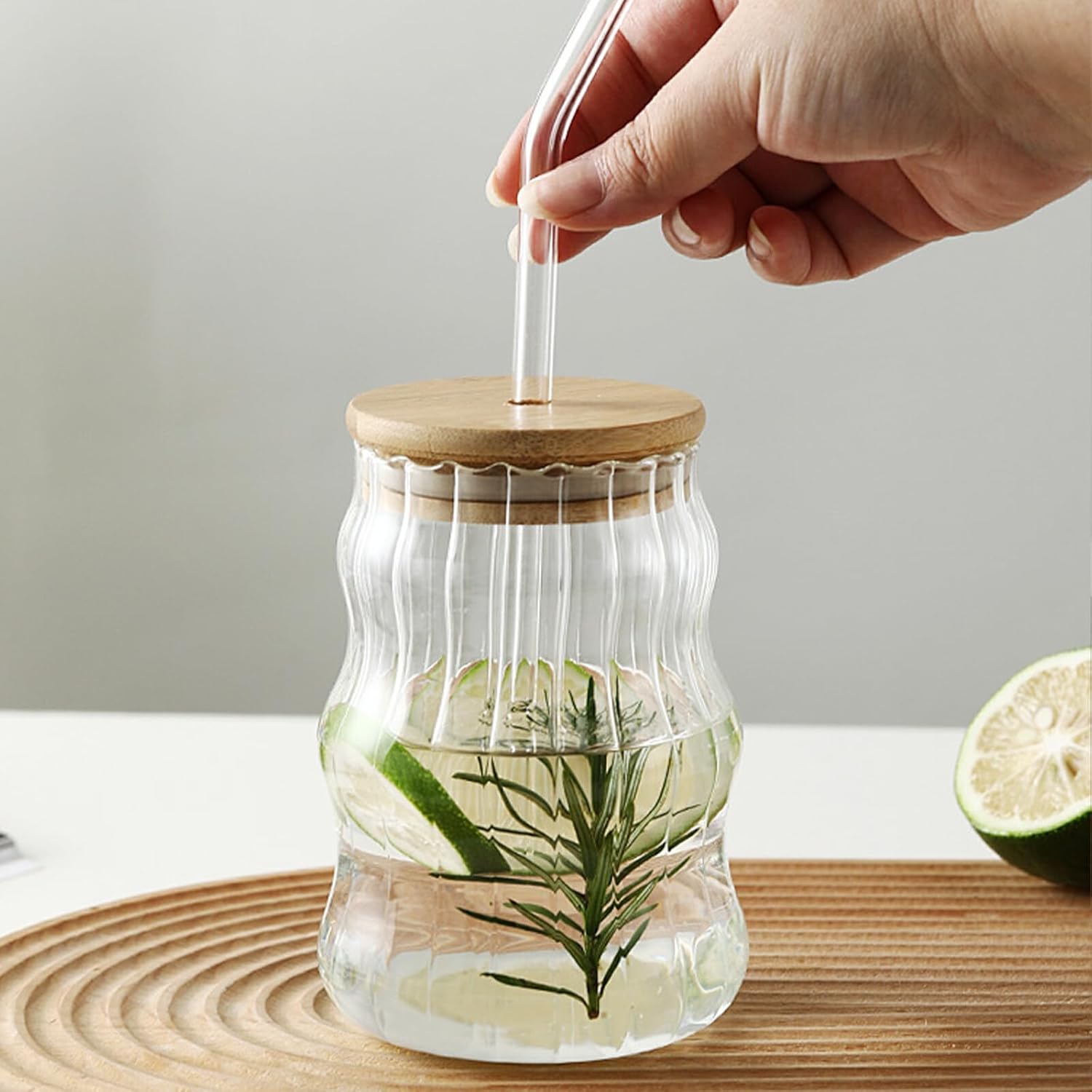 Glass Tumbler with Bamboo Lids and Glass Straw Techmanistan