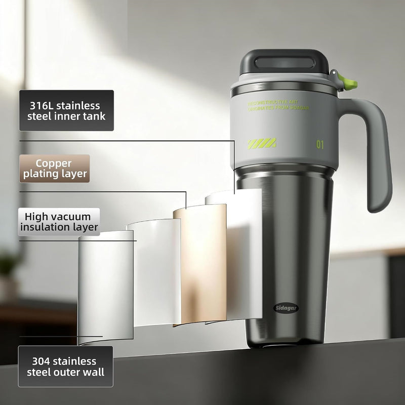 1L Stainless Steel Thermal Mug with Push-button Lid, Straw and Handle