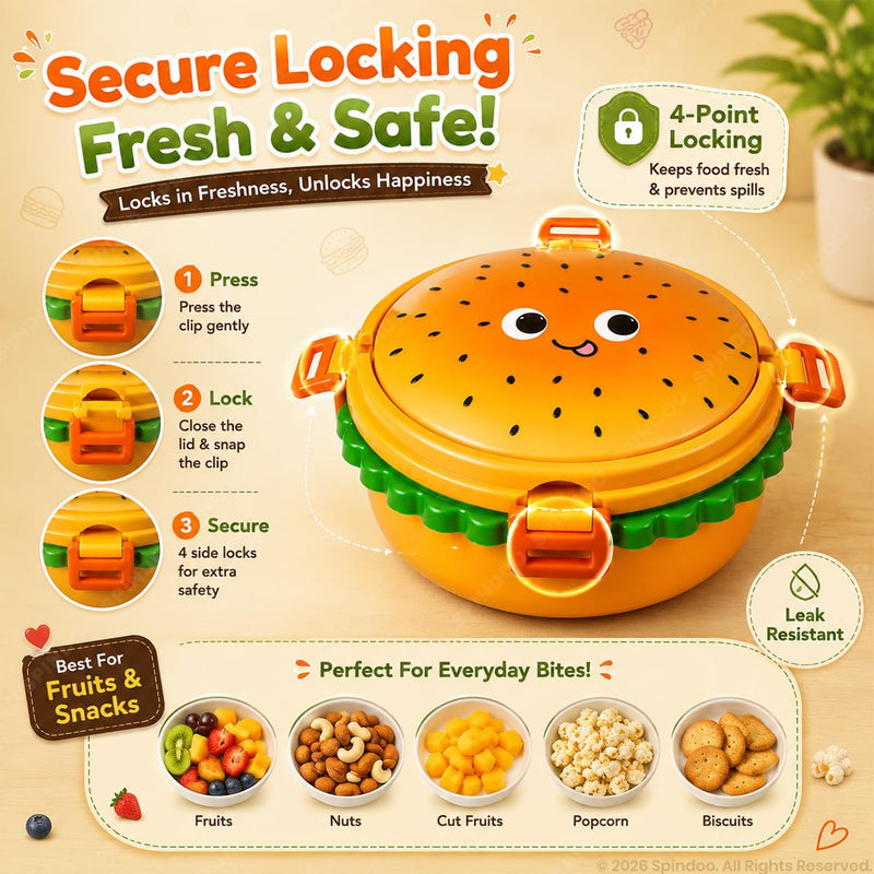 Burger Shaped 2-Compartments Bento Box with Steel Cutlery