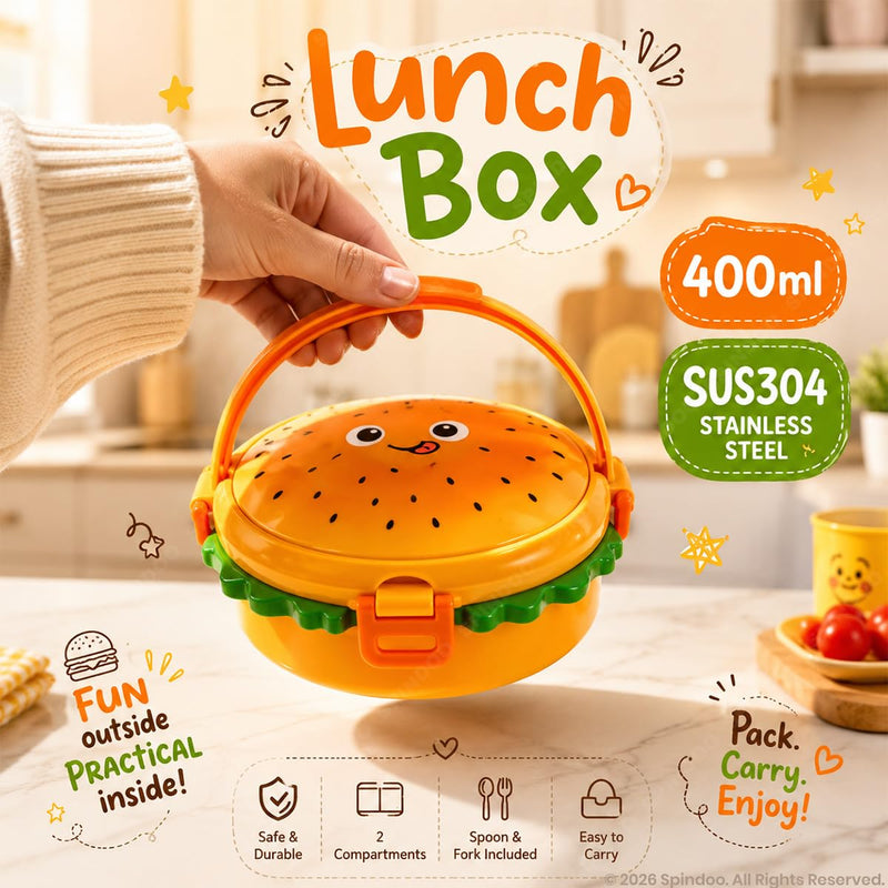 Burger Shaped 2-Compartments Bento Box with Steel Cutlery