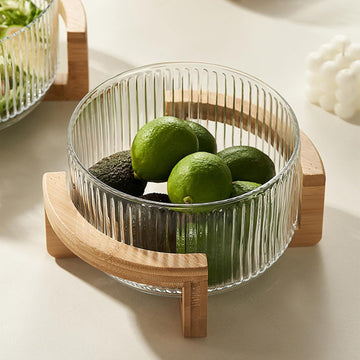 Ribbed Glass Salad Bowl with Wooden Stand, Mixing Bowl