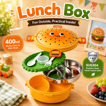 Burger Shaped 2-Compartments Bento Box with Steel Cutlery