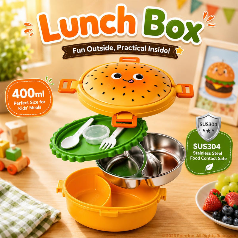 Burger Shaped 2-Compartments Bento Box with Steel Cutlery