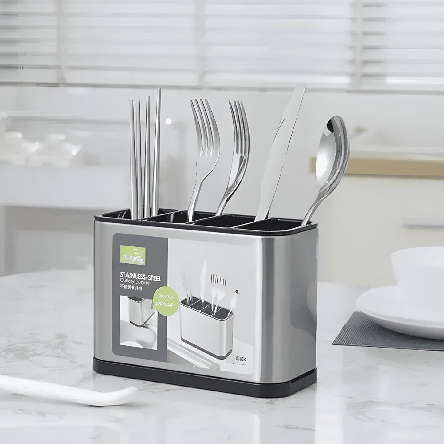 4 Compartment Cutlery Holder with Draining Tray