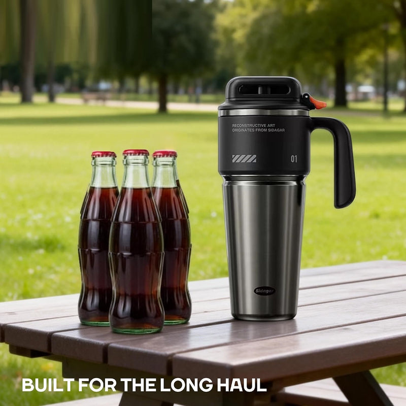 1L Stainless Steel Thermal Mug with Push-button Lid, Straw and Handle