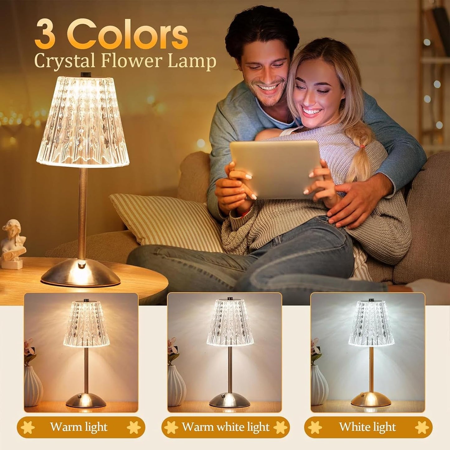 Dimmable Crystal 3 Colors LED Cordless Table Lamp Techmanistan