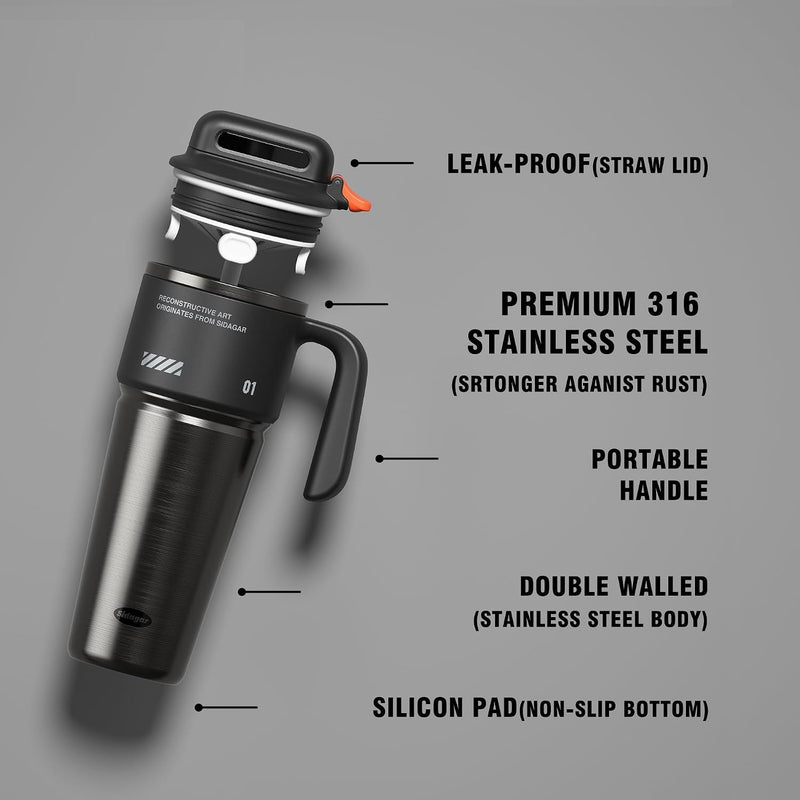 1L Stainless Steel Thermal Mug with Push-button Lid, Straw and Handle
