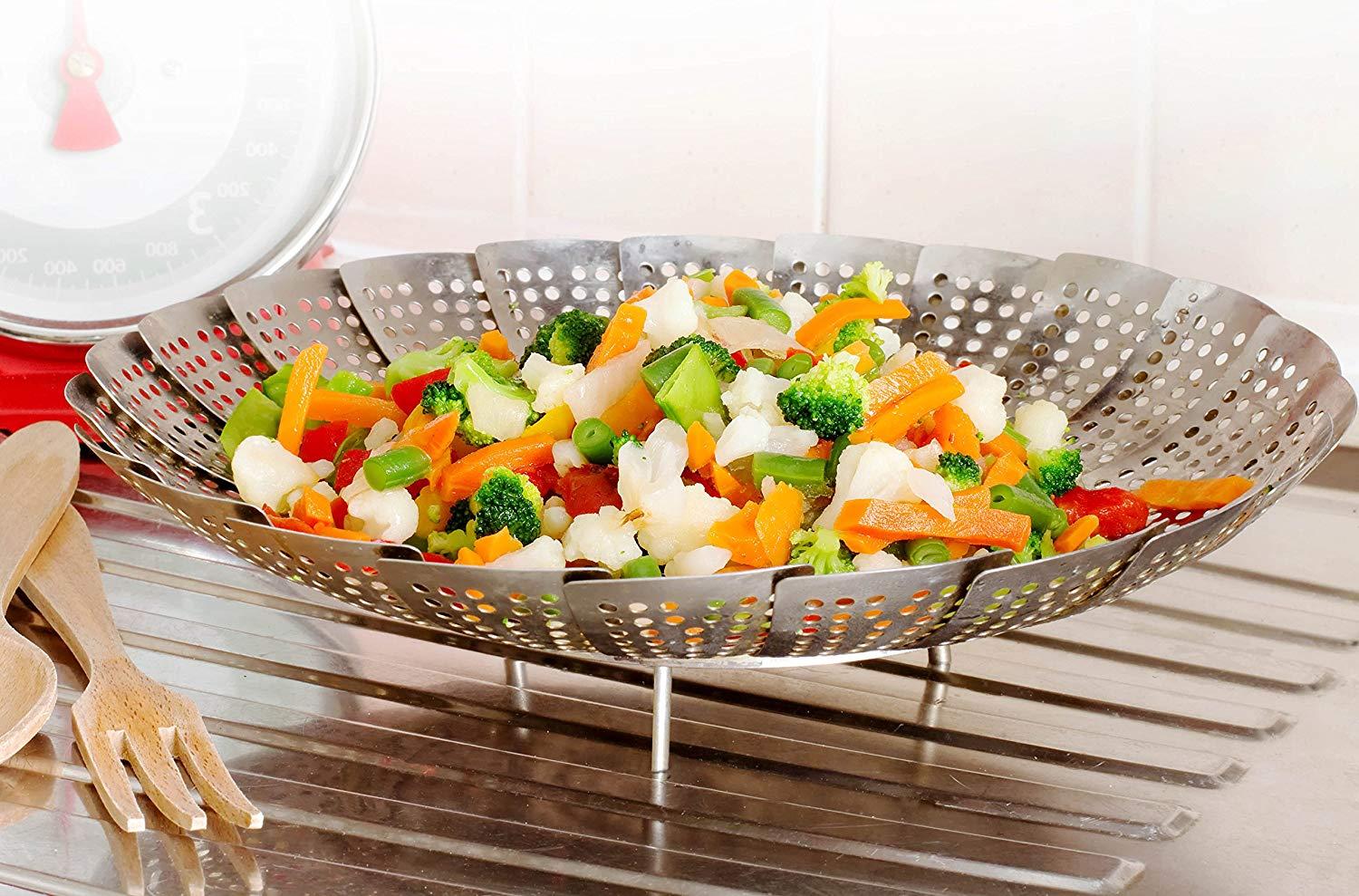 Premium Stainless Steel Folding Collapsible Rust Free Adjustable Kitchen Vegetable Steamer Basket - 23 cm, Foldable Steamer, Adjustable Steamer - Techmanistan