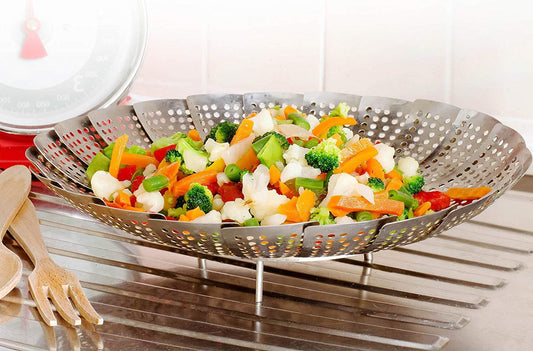Premium Stainless Steel Folding Collapsible Rust Free Adjustable Kitchen Vegetable Steamer Basket - 23 cm, Foldable Steamer, Adjustable Steamer--Techmanistan-My Store