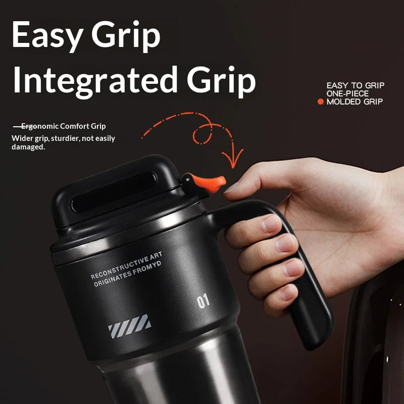 1L Stainless Steel Thermal Mug with Push-button Lid, Straw and Handle