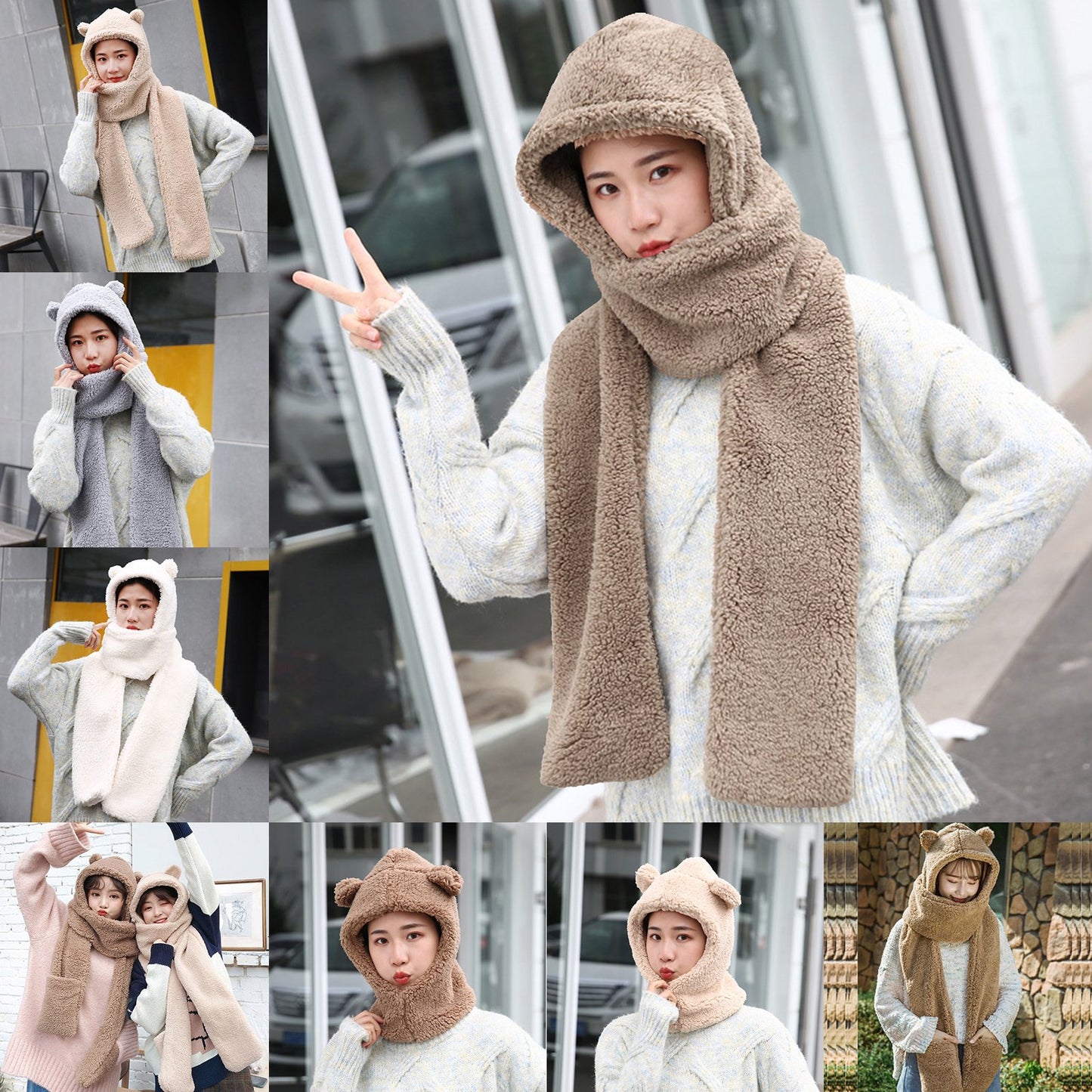 Winter Faux Fur Plush Hood Hat Scarf and Gloves Mittens Long Hooded Shawl