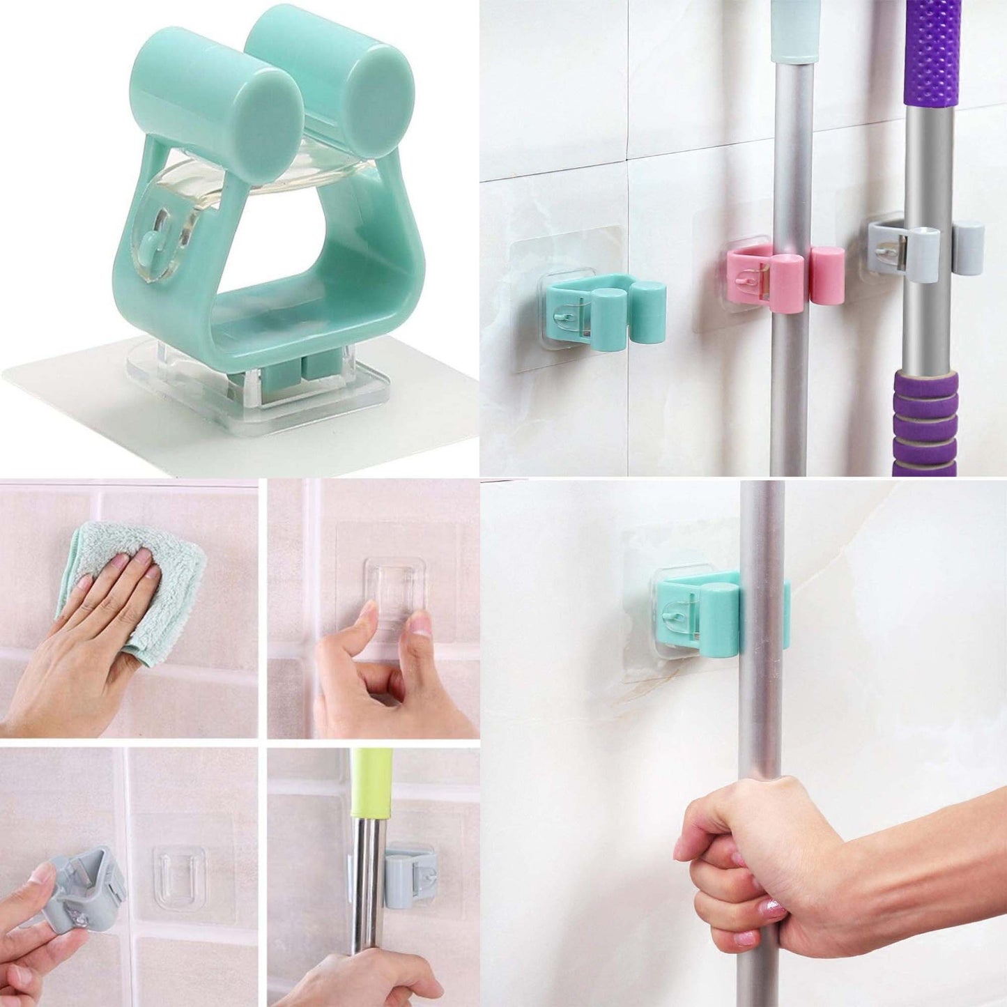 Pack of 3 - Random Color Self Adhesive Wall Mounted Mop Hook Mop Holder Broom Clamp, Bathroom Mop Holder, No Trace-Free Punching Nail-Free Mop Clip, No Drilling Mop and Broom Holder, Brush Broom Hangerz My Store
