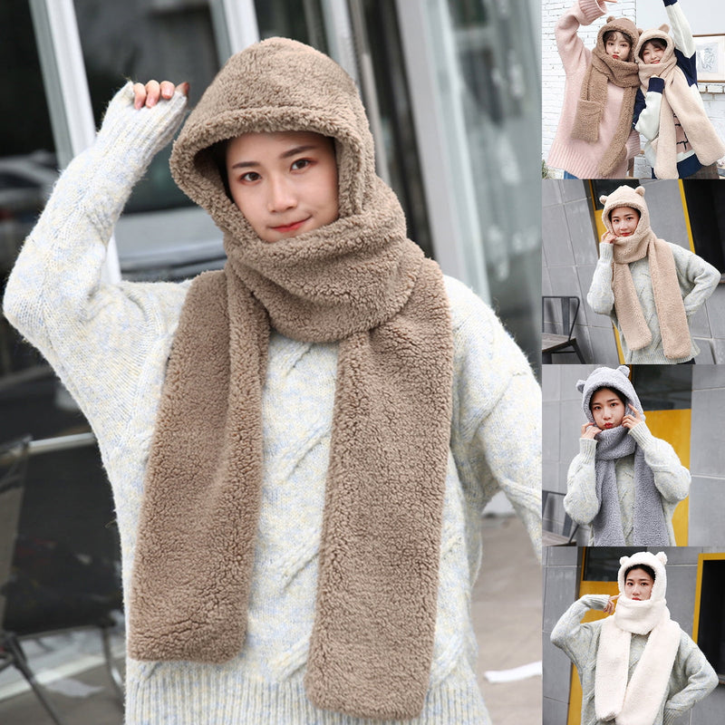 Woman wearing a beige hooded scarf with multiple views of the product.