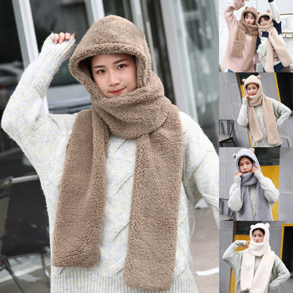 Winter Faux Fur Plush Hood Hat Scarf and Gloves Mittens Long Hooded Shawl