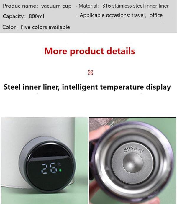 800ml Vacuum Insulated Temperature Display Water Bottle - Techmanistan in Pakistan