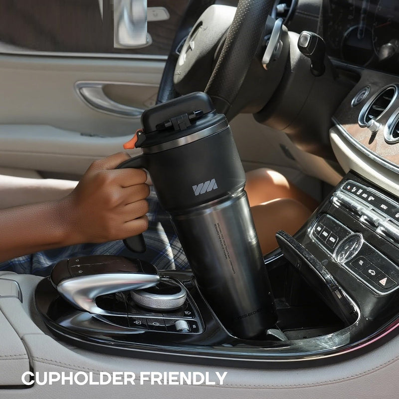 1L Stainless Steel Thermal Mug with Push-button Lid, Straw and Handle
