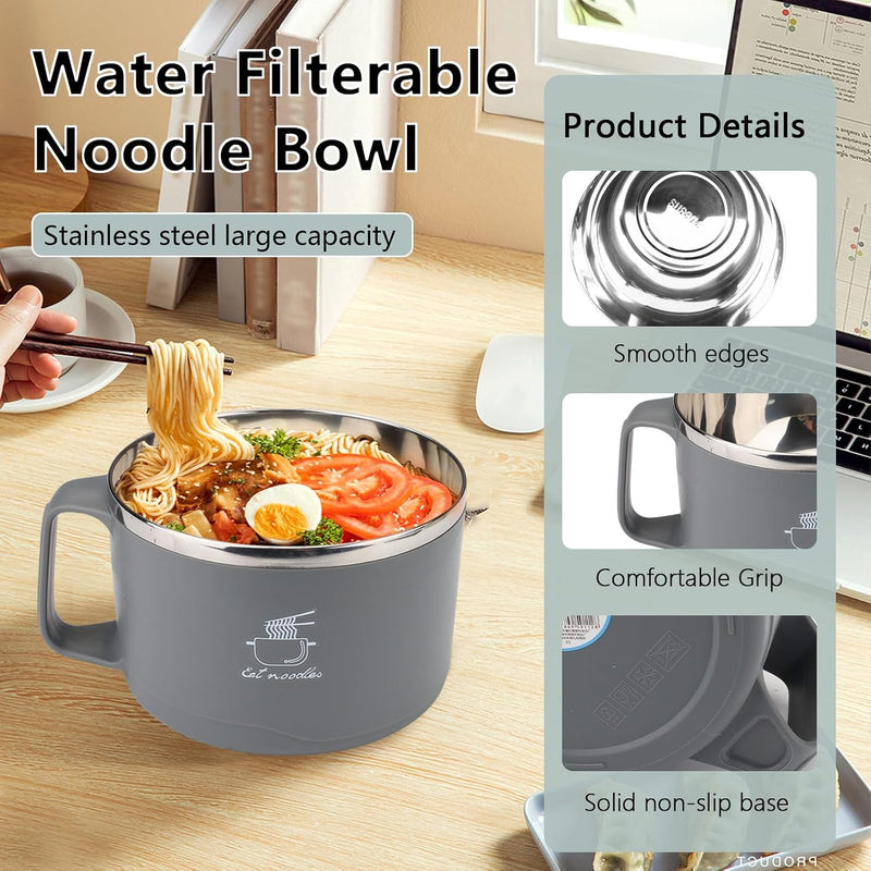 Stainless Steel Noodle Bowl with Lid and Handle, 1100 ml