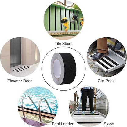 Anti Slip Tape with various application scenarios, including tile stairs, elevator door, car pedal, pool ladder, and slope.