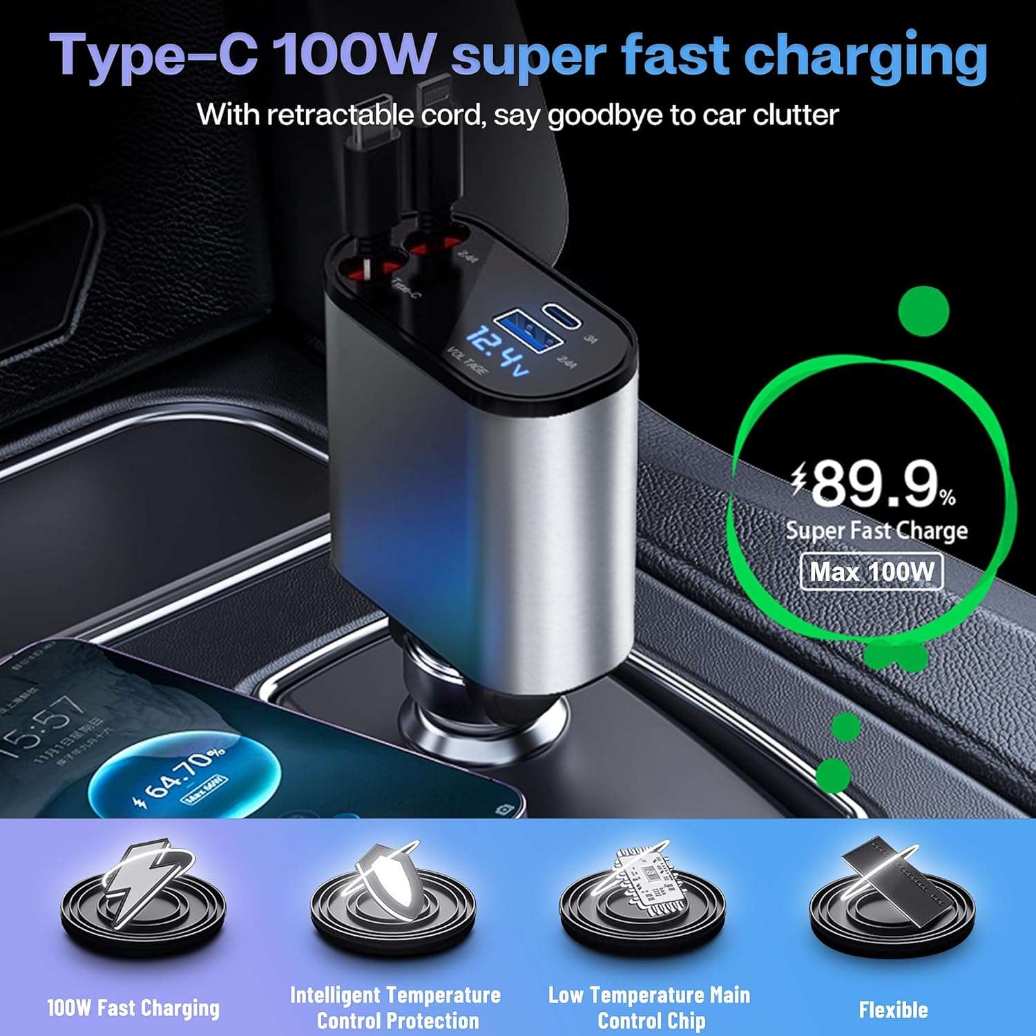 4 in 1 Car Fast Charger with Retractable iPhone and C type Cables, PD & USB Ports