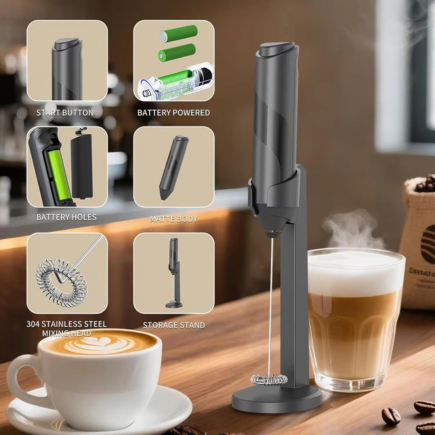 Battery-Operated Electric Milk Frother with Stand