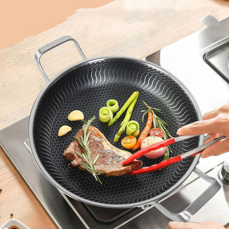 Flat Bottom Double Sided Laser Coated Honeycomb Layer Frying Pan With Lid & Dual Handle