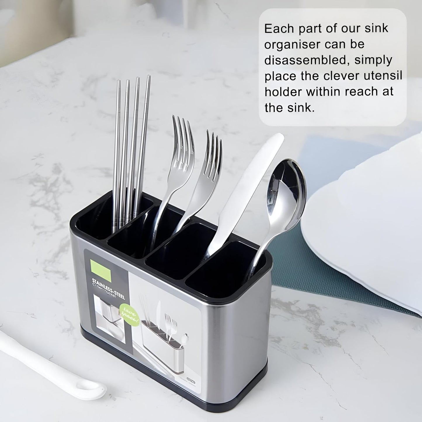 4 Compartment Cutlery Holder with Draining Tray