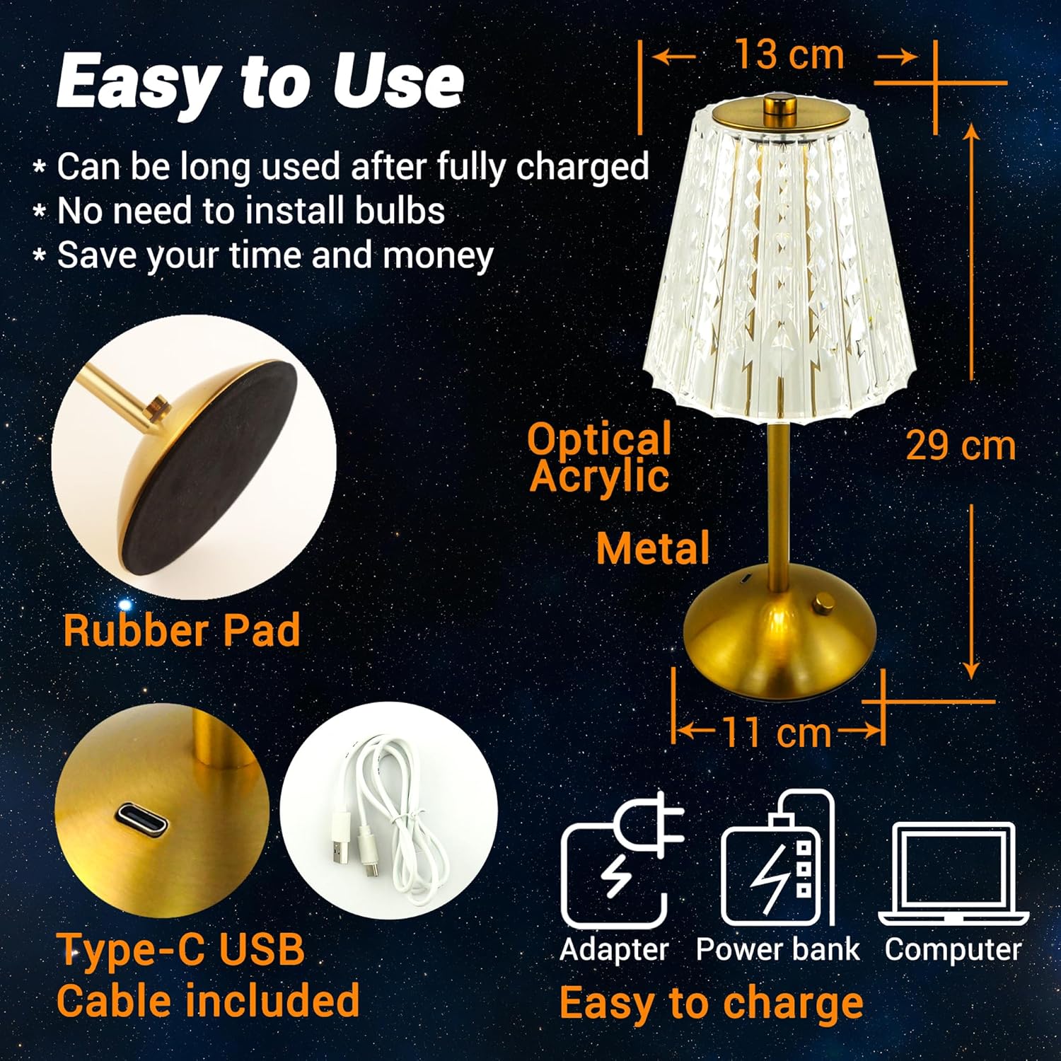Dimmable Crystal 3 Colors LED Cordless Table Lamp Techmanistan