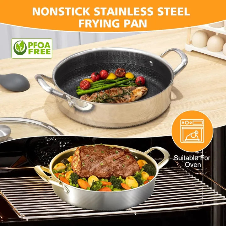 Flat Bottom Single Sided Laser Coated Honeycomb Layer Frying Pan With Lid & Dual Handle