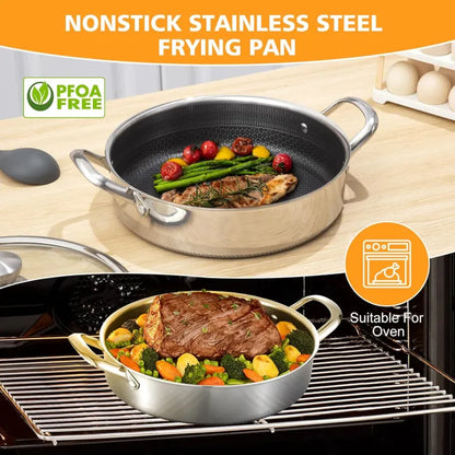 Flat Bottom Single Sided Laser Coated Honeycomb Layer Frying Pan With Lid & Dual Handle