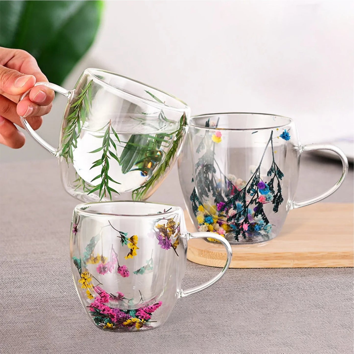 Set of 6 - Mini Double Wall Glass Mug with Dry Flowers Inside