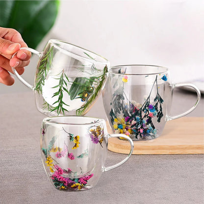 Set of 6 - Mini Double Wall Glass Mug with Dry Flowers Inside