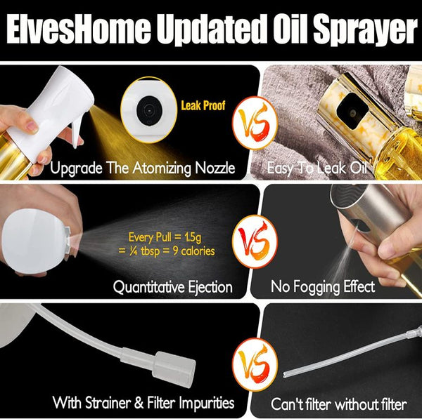 A promotional image for the Techmanistan Air Fryer Disposable Paper Liner and Oil Sprayer Bottle. It highlights features like a leak-proof design, upgraded atomizing nozzle, quantitative ejection (1 spray = 1.5g), no fogging effect, and a strainer to filter impurities. Perfect pairing with air fryer paper liners for nonstick ease. Comparison images included.