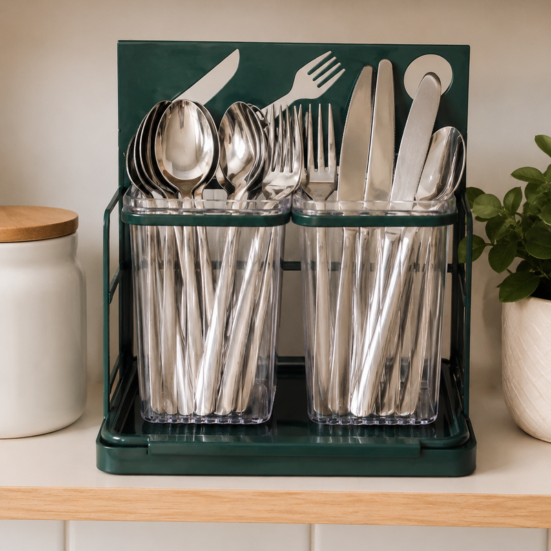 2-Compartment Cutlery Holder with Drain Tray