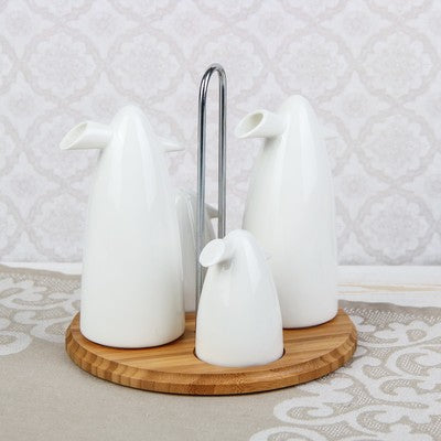 Set of 4 - Condiment Set with Wooden Base