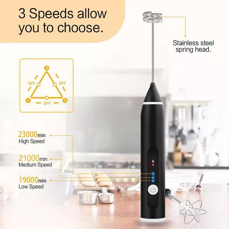 2-in-1 Electric Milk Frother and Egg Beater with stainless steel whisks and USB charging cable, shown on a kitchen counter.