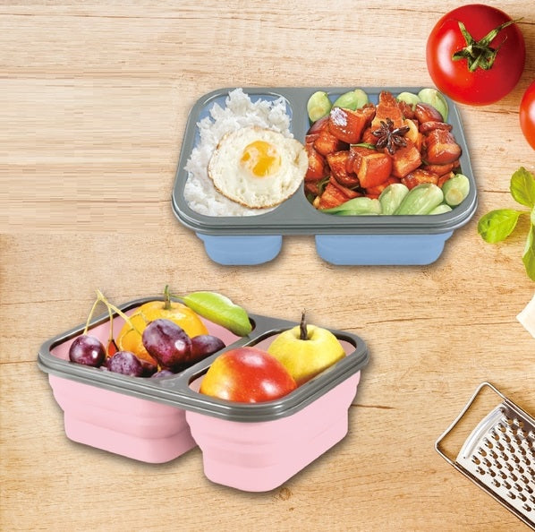 2 Compartments Foldable Silicon Bento Box With Fork