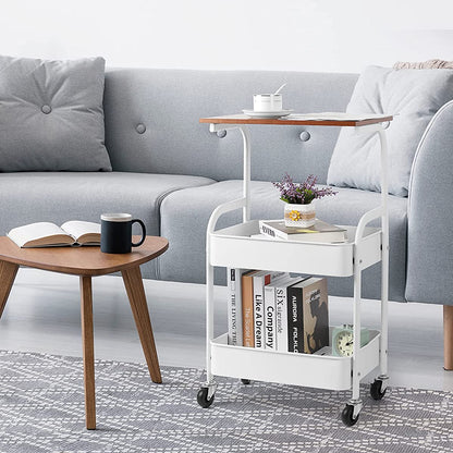 3-Tier Metal Rolling Cart with Wooden Top