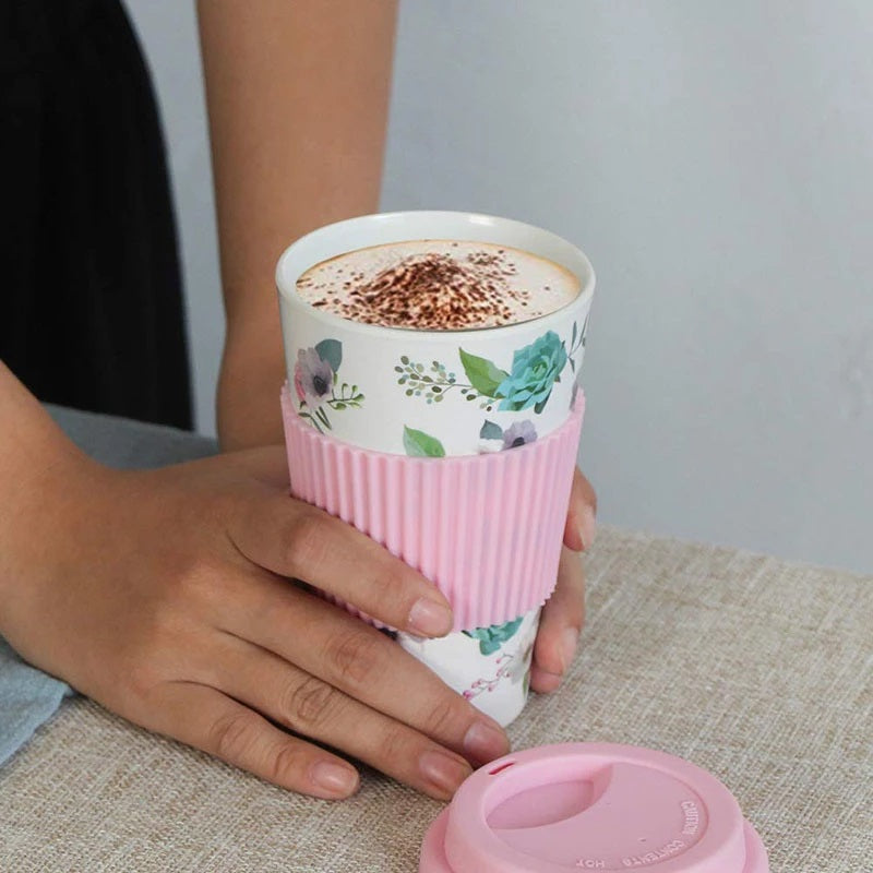 Random Design & Color - Bamboo Fiber Coffee Mug With Lid And Sleeve, Reusable Bamboo Coffee Cup, Portable Travel Mug With Lid My Store