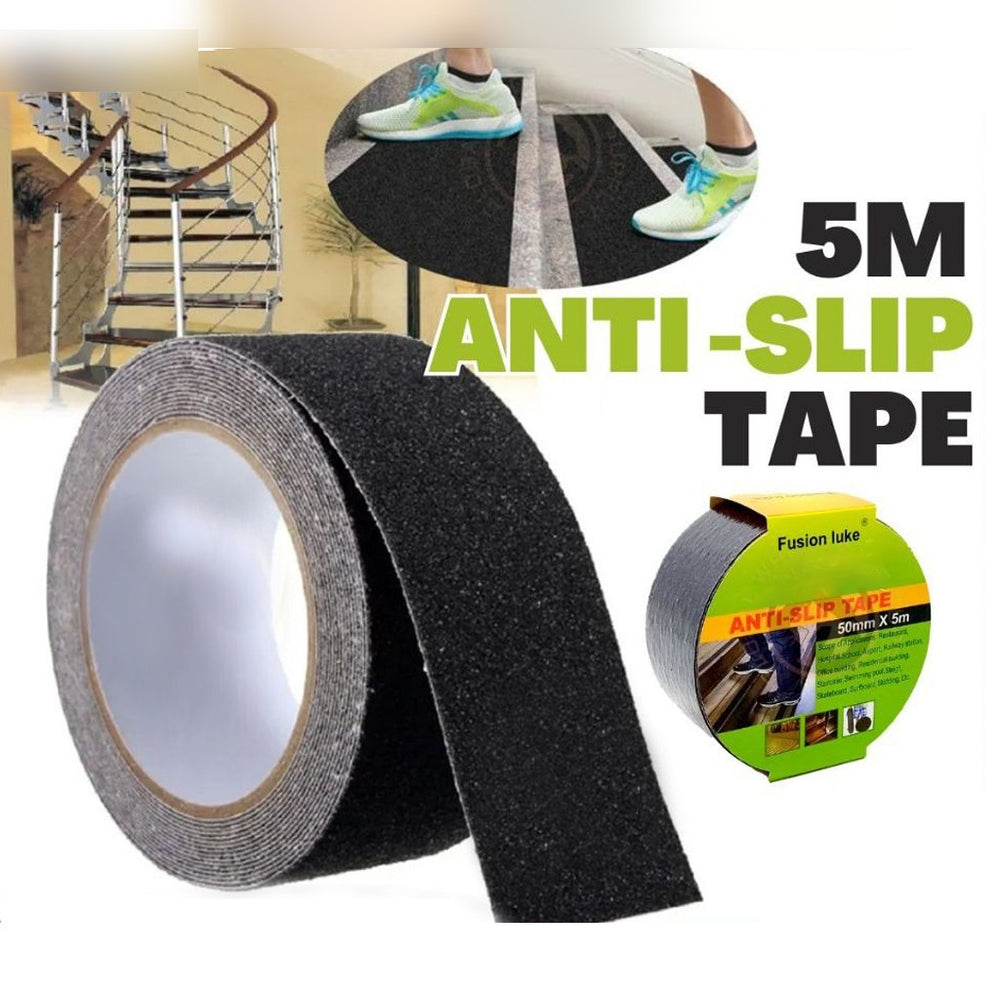 Anti-slip tape roll with packaging and application examples on a white background