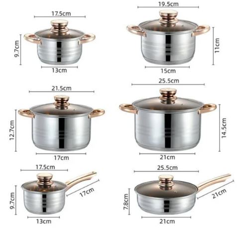 12-Piece Classic Stainless Steel Golden Handles Cookware Set