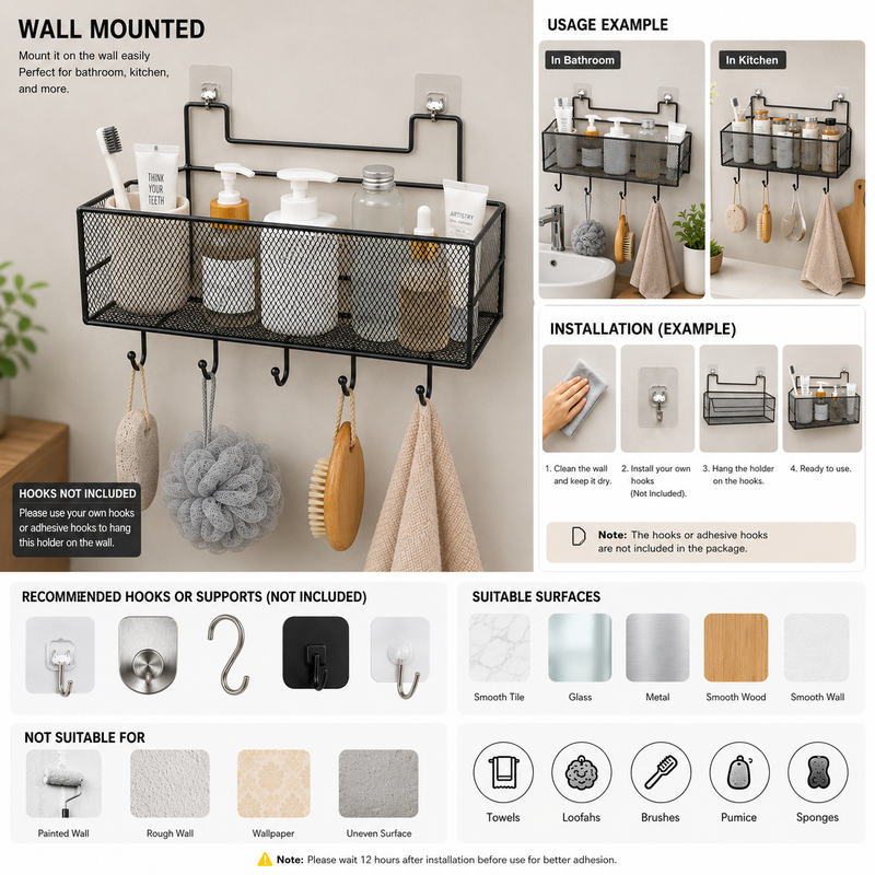 Hanging Storage Basket with 5 Hooks – Wall-Mount Mesh Organiser (26×13.5×20 cm)