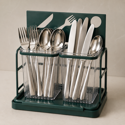 2-Compartment Cutlery Holder with Drain Tray