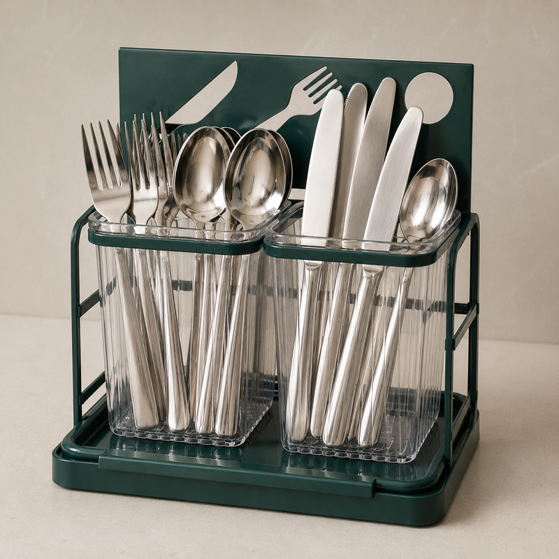 2-Compartment Cutlery Holder with Drain Tray