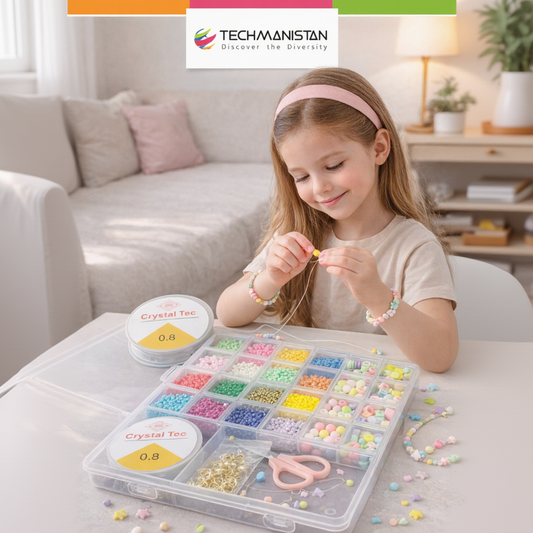 Young girl making jewelry with beads and scissors, surrounded by a 'Techmanistan' branded product.