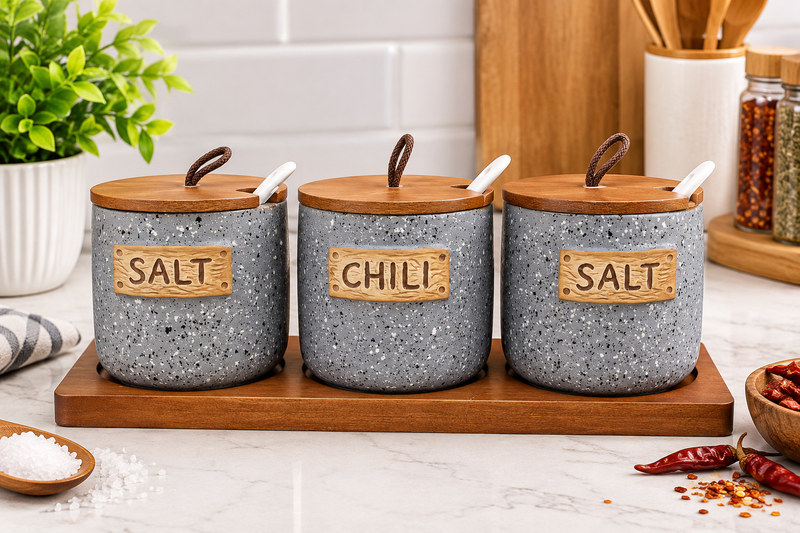 3-Piece Kitchen Spice Jar Set with Wooden Lids & Tray
