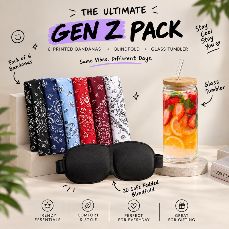 Ultimate Gen Z Pack – 6 Printed Bandanas + 3D Blindfold + Glass Tumbler