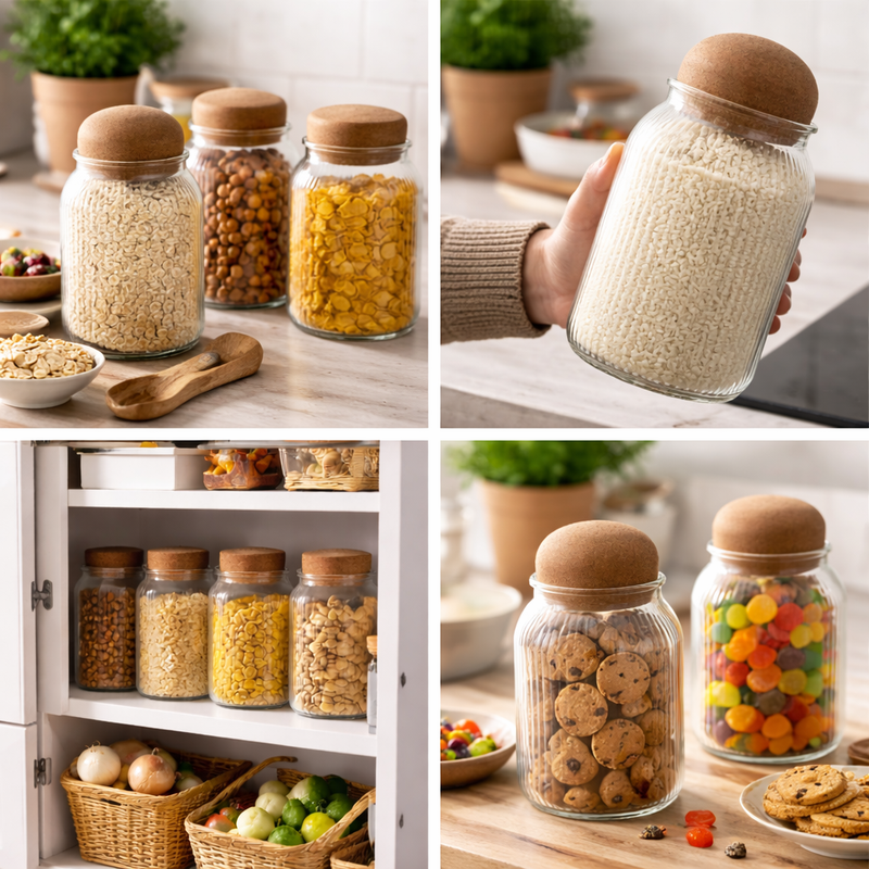 Set of 2 - Clear Glass Jar with Cork Ball Lid – Airtight Multipurpose Storage Canister